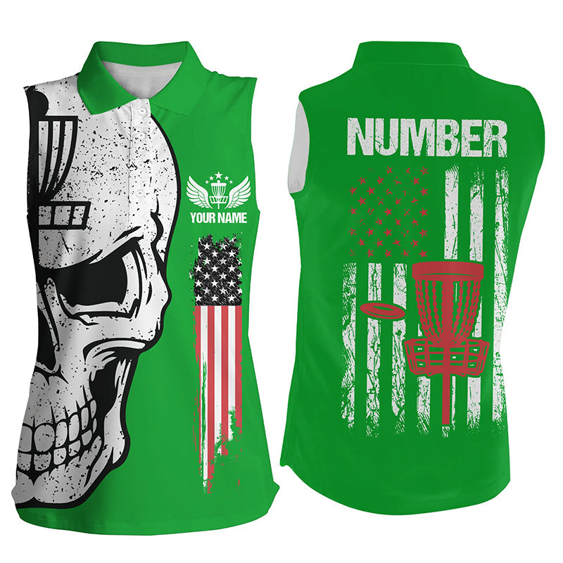 Green American flag Womens sleeveless disc golf polo shirts custom patriotic disc golf skull apparel NQS7571