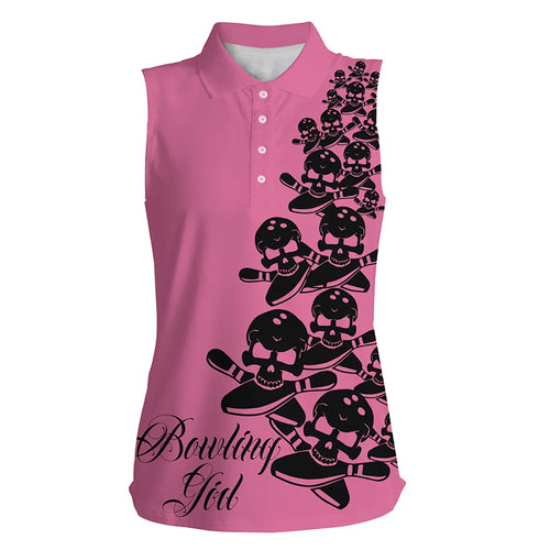Women's Bowling sleeveless polo Shirt Custom ladies skull Bowlers Jersey, team bowling gifts | Pink NQS5844