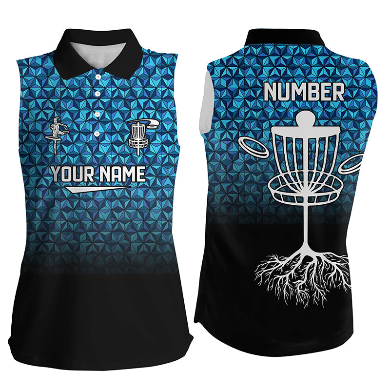Womens Sleeveless golf polos shirt custom Blue pattern disc golf basket jerseys, disc golf attire NQS7965