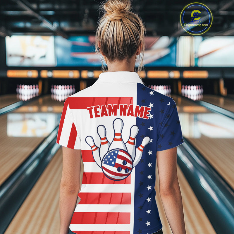 Red, White and Blue American Flag Bowling Shirts For Women Custom Patriotic Bowling Team Jerseys NQS11157