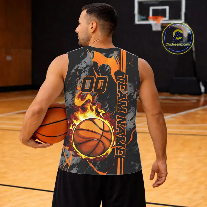 Black & Orange Camo Flame Basketball vest, t-shirt, long sleeve, hoodie custom Basketball team jersey NQS11366
