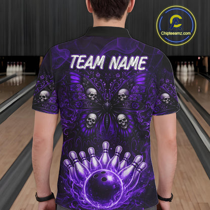 Personalized Black & Purple bowling jersey Butterfly skull Bowling Team Shirts, bowling gifts for men NQS11367