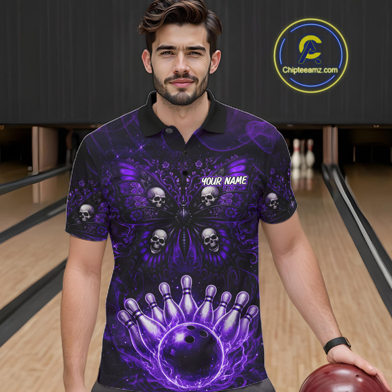 Personalized Black & Purple bowling jersey Butterfly skull Bowling Team Shirts, bowling gifts for men NQS11367