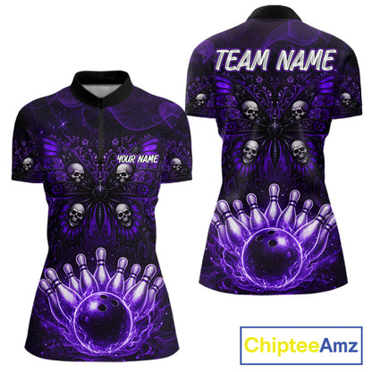 Custom Black & Purple bowling jersey Butterfly skull Bowling Team Shirts, bowling attire for women NQS11367