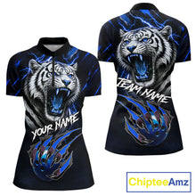 Load image into Gallery viewer, Black &amp; Blue Lightning Thunder Tiger Women Bowling Polo, 1/4 zip shirts custom team Bowling jerseys NQS11575