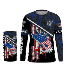 Load image into Gallery viewer, American Flag Musky fishing blue camo Custom name long sleeve muskie Fishing Shirts NQS4821