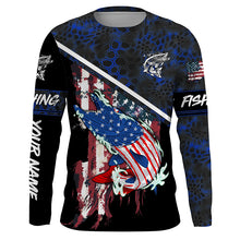 Load image into Gallery viewer, American Flag Musky fishing blue camo Custom name long sleeve muskie Fishing Shirts NQS4821