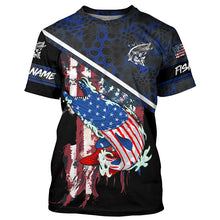 Load image into Gallery viewer, American Flag Musky fishing blue camo Custom name long sleeve muskie Fishing Shirts NQS4821