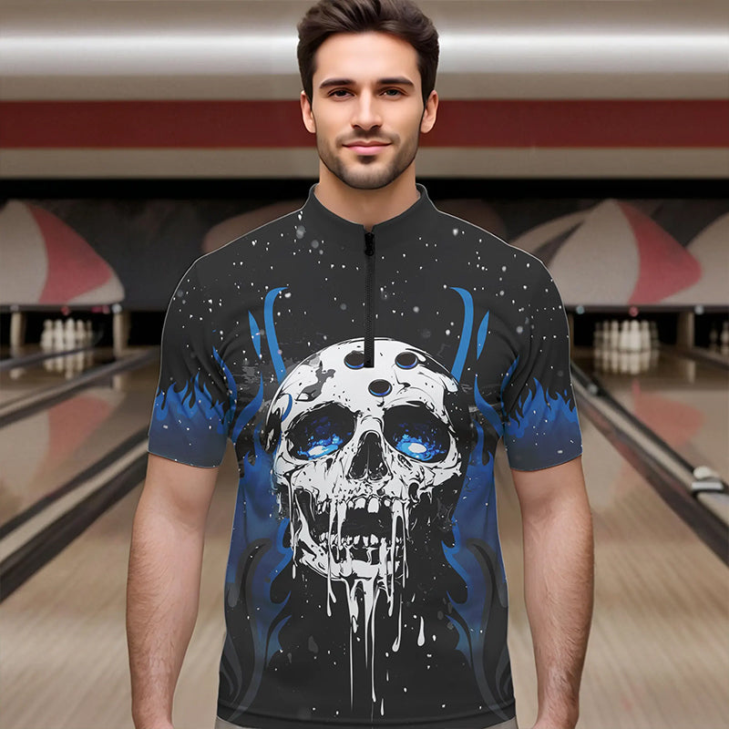 Custom Black and Blue Flame Galaxy Skull Bowling Shirts for Men, Skull Bowling Team Shirts Uniform NQS9622