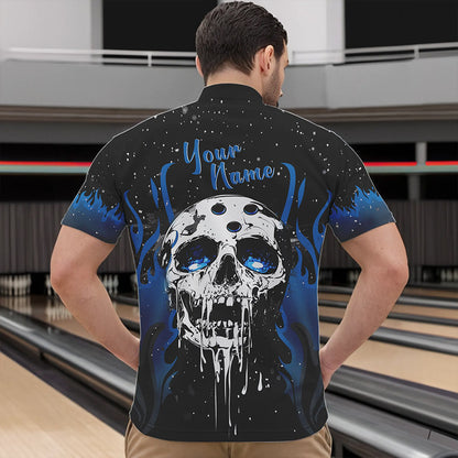 Custom Black and Blue Flame Galaxy Skull Bowling Shirts for Men, Skull Bowling Team Shirts Uniform NQS9622