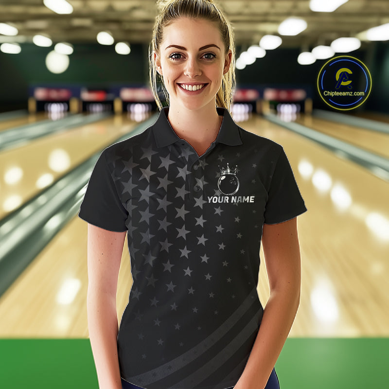 Custom Black American Flag Bowling Team Shirts For Women, Personalized patriotic Bowling League Shirt NQS11706