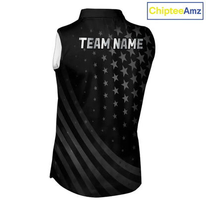 Custom Black American Flag Sleeveless Golf Polo shirt, Personalized patriotic Ladies Golf top NQS11707
