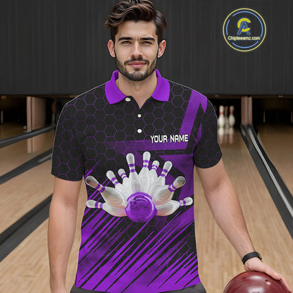 Black And Purple Custom Bowling Polo, Quarter Zip Shirts For Men, Bowling Team League Jersey NQS9811