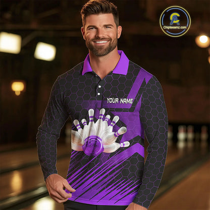 Black And Purple Custom Bowling Polo, Quarter Zip Shirts For Men, Bowling Team League Jersey NQS9811