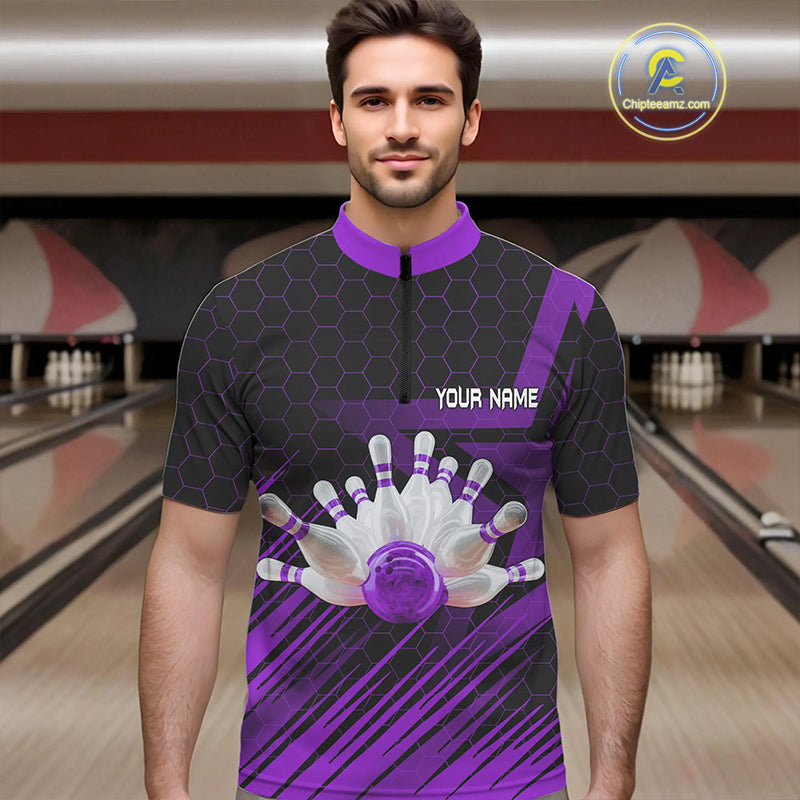 Black And Purple Custom Bowling Polo, Quarter Zip Shirts For Men, Bowling Team League Jersey NQS9811