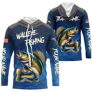 Blue camo Walleye fishing Custom performance long sleeve team Walleye fishing tournament shirts NQS7718