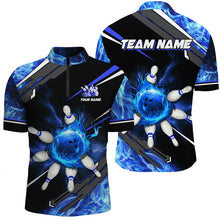 Load image into Gallery viewer, Black and Blue Flame Bowling ball pins Mens polo, Quarter zip Shirts Custom team Bowling jerseys NQS7972