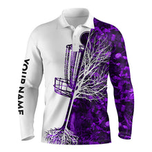 Load image into Gallery viewer, Mens disc golf polo shirt custom purple camo disc golf basket, personalized disc golf shirts NQS4632