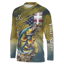 Load image into Gallery viewer, Walleye Fishing Scales Camo American Flag Faith patriotic Custom UV protection long sleeves shirts NQS9310