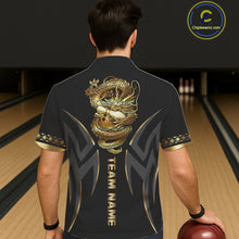 Load image into Gallery viewer, Black and Gold Dragon Bowling ball Button up Shirts Custom Bowling Team Hawaiian jerseys NQS11579