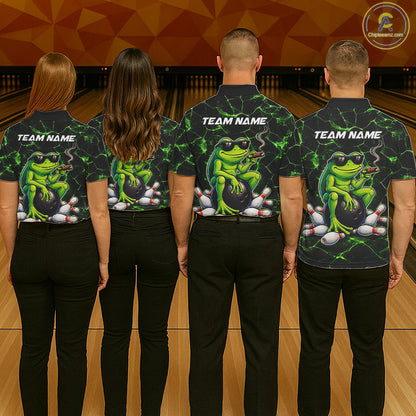 Black & Green Funny Frog Bowling Polo, 1/4 zip Shirt for Women Custom Team Frog Bowling League Jersey NQS11583