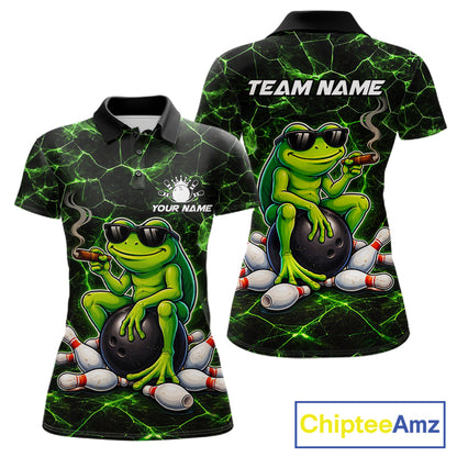 Black & Green Funny Frog Bowling Polo, 1/4 zip Shirt for Women Custom Team Frog Bowling League Jersey NQS11583