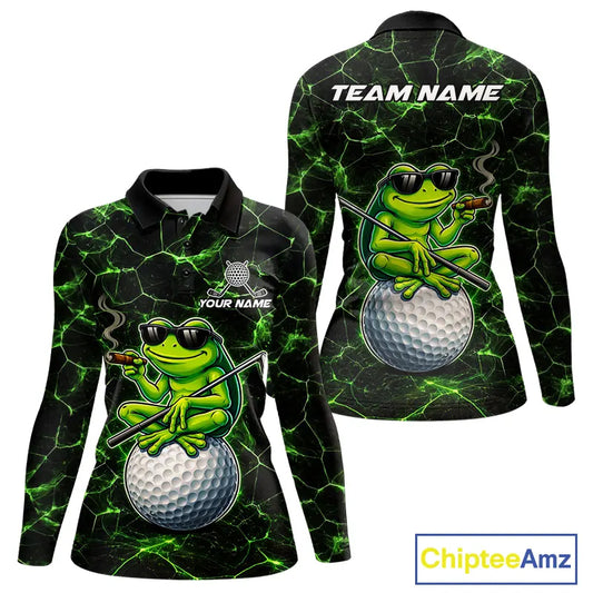 Black & Green Funny Frog Golf Polo shirts for Women Custom team golf shirts, ladies golf clothes NQS11584