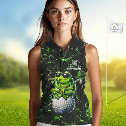 Black & Green Funny Frog Sleeveless Golf Polo shirts Custom team golf shirts, ladies golf clothes NQS11584