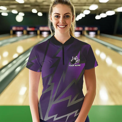 Purple Lightning Thunder Storm Team bowling shirts for women custom bowling Polo, Quarter zip jerseys NQS9625