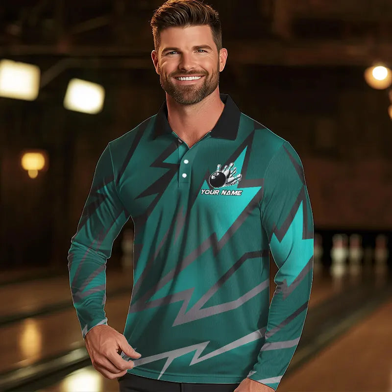 Cyan Blue Lightning Thunder Storm Team bowling shirts for Men custom bowling Polo, Quarter zip jerseys NQS9626