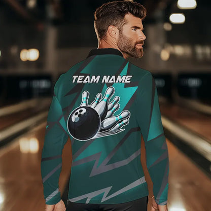 Cyan Blue Lightning Thunder Storm Team bowling shirts for Men custom bowling Polo, Quarter zip jerseys NQS9626