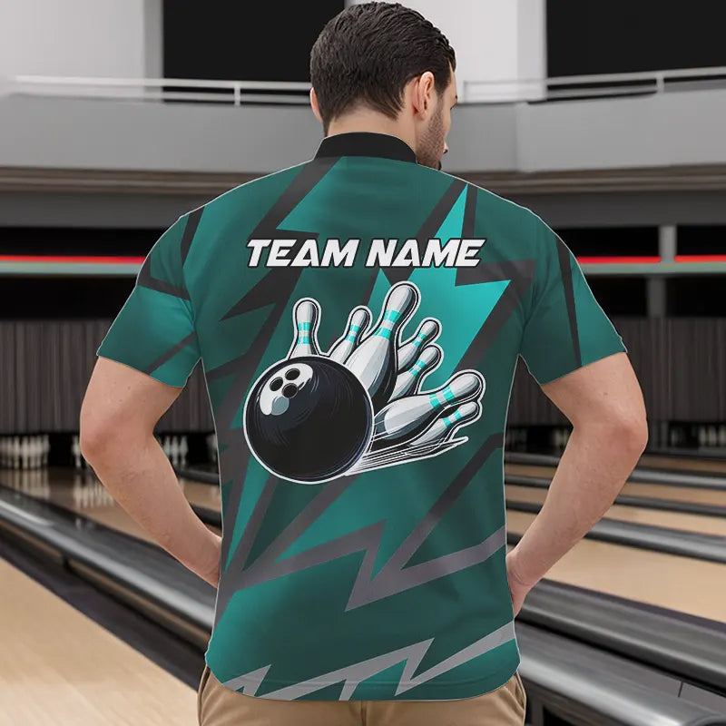 Cyan Blue Lightning Thunder Storm Team bowling shirts for Men custom bowling Polo, Quarter zip jerseys NQS9626