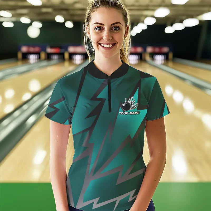 Cyan Blue Lightning Thunder Storm Team bowling shirt for women custom bowling Polo, Quarter zip jersey NQS9626