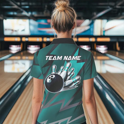 Cyan Blue Lightning Thunder Storm Team bowling shirt for women custom bowling Polo, Quarter zip jersey NQS9626