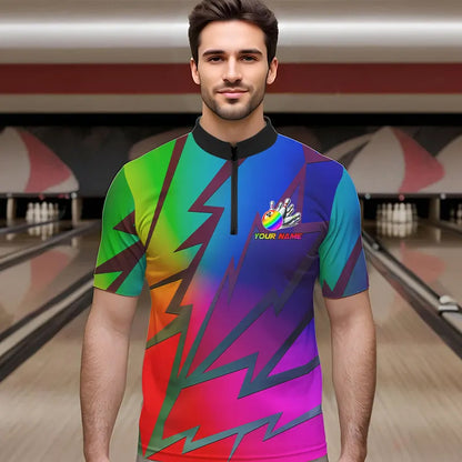 Colorful Rainbow Lightning Thunder Team bowling shirt for Men custom bowling Polo, 1/4 zip jersey NQS9627
