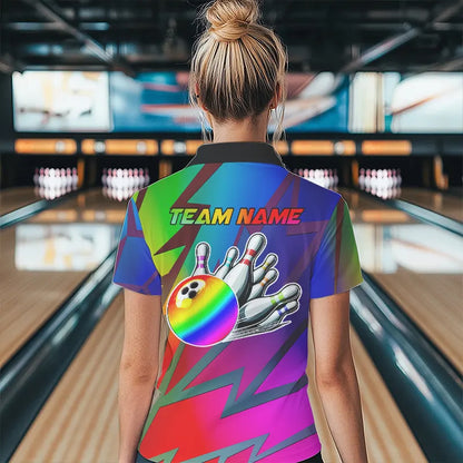 Colorful Rainbow Lightning Thunder Team bowling shirt for women custom bowling Polo, 1/4 zip jersey NQS9627