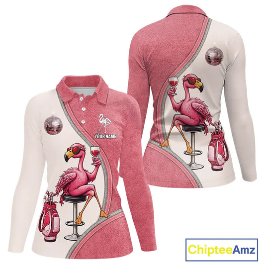 Custom Funny Pink Flamingo Drink Wine Golf Polo Shirts For Women, Flamingo Ladies Golf tops NQS11711