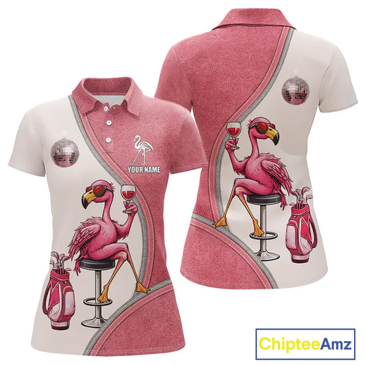 Custom Funny Pink Flamingo Drink Wine Golf Polo Shirts For Women, Flamingo Ladies Golf tops NQS11711