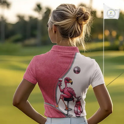 Custom Funny Pink Flamingo Drink Wine Golf Polo Shirts For Women, Flamingo Ladies Golf tops NQS11711