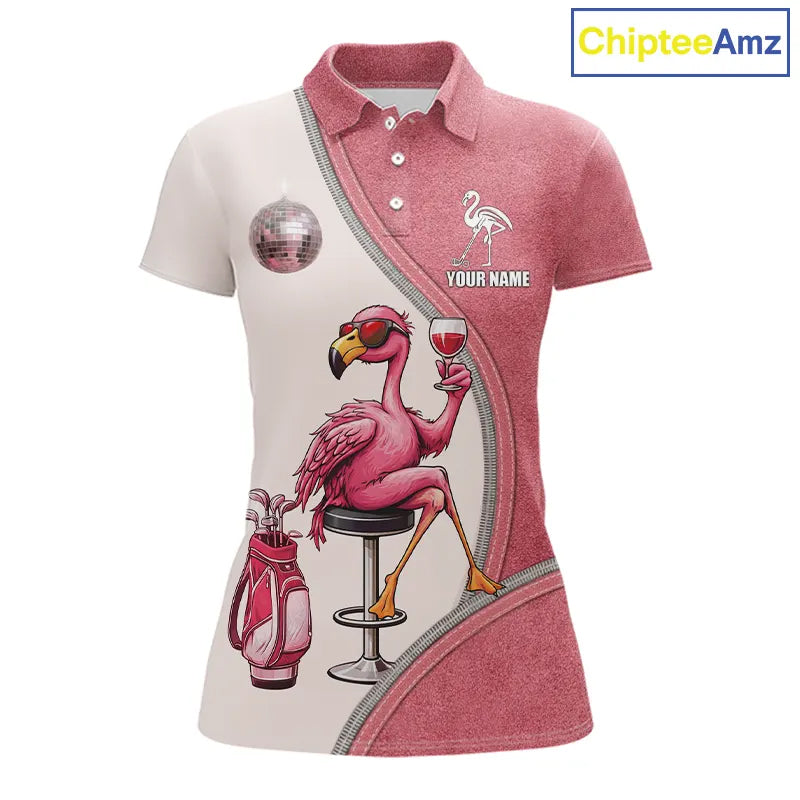 Custom Funny Pink Flamingo Drink Wine Golf Polo Shirts For Women, Flamingo Ladies Golf tops NQS11711