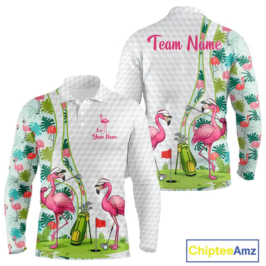 Funny Pink Flamingo Golf polo shirt for men custom tropical monstera leaf pattern golf shirts NQS11713