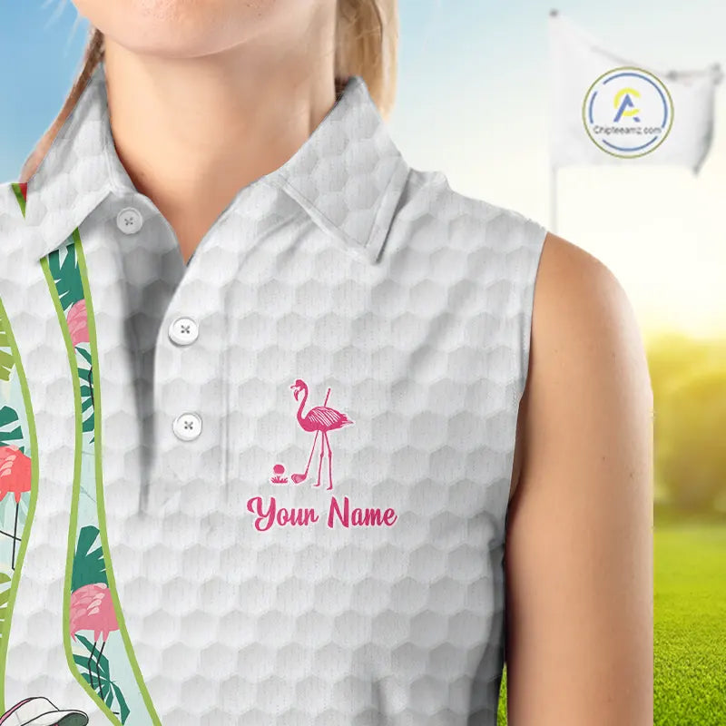 Funny Pink Flamingo Sleeveless Golf polo shirt custom tropical monstera leaf pattern golf shirts NQS11713