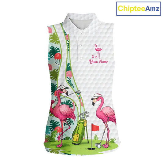 Funny Pink Flamingo Sleeveless Golf polo shirt custom tropical monstera leaf pattern golf shirts NQS11713