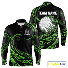Load image into Gallery viewer, Black and Green Tribal Pattern Golf Ball Mens Golf Polo Shirts custom unique mens golf apparel NQS9820