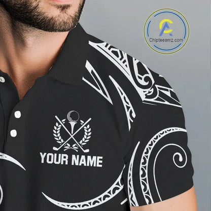 Black and White Tribal Pattern Golf Ball Mens Golf Polo Shirts custom unique mens golf apparel NQS9821