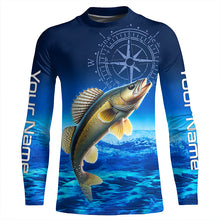 Load image into Gallery viewer, Personalized Walleye Blue Long Sleeve Performance Fishing Shirt, compass Walleye tournament Shirt NQS5853