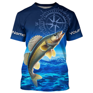 Personalized Walleye Blue Long Sleeve Performance Fishing Shirt, compass Walleye tournament Shirt NQS5853