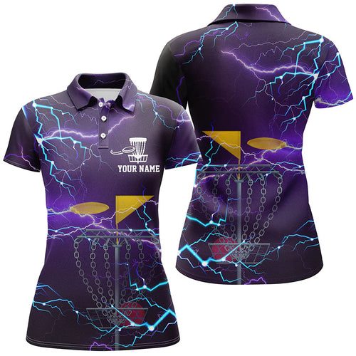 Womens disc golf polo shirt custom purple lightning disc golf basket disco golf outfit for women NQS6064