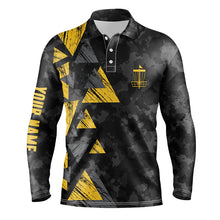 Load image into Gallery viewer, Yellow triangle and black camo Mens disc golf polo shirt custom disc golf outfit for men NQS6290