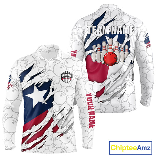 Men's long-sleeve polo shirt with personalized Texas flag, bowling pins, and red ball design